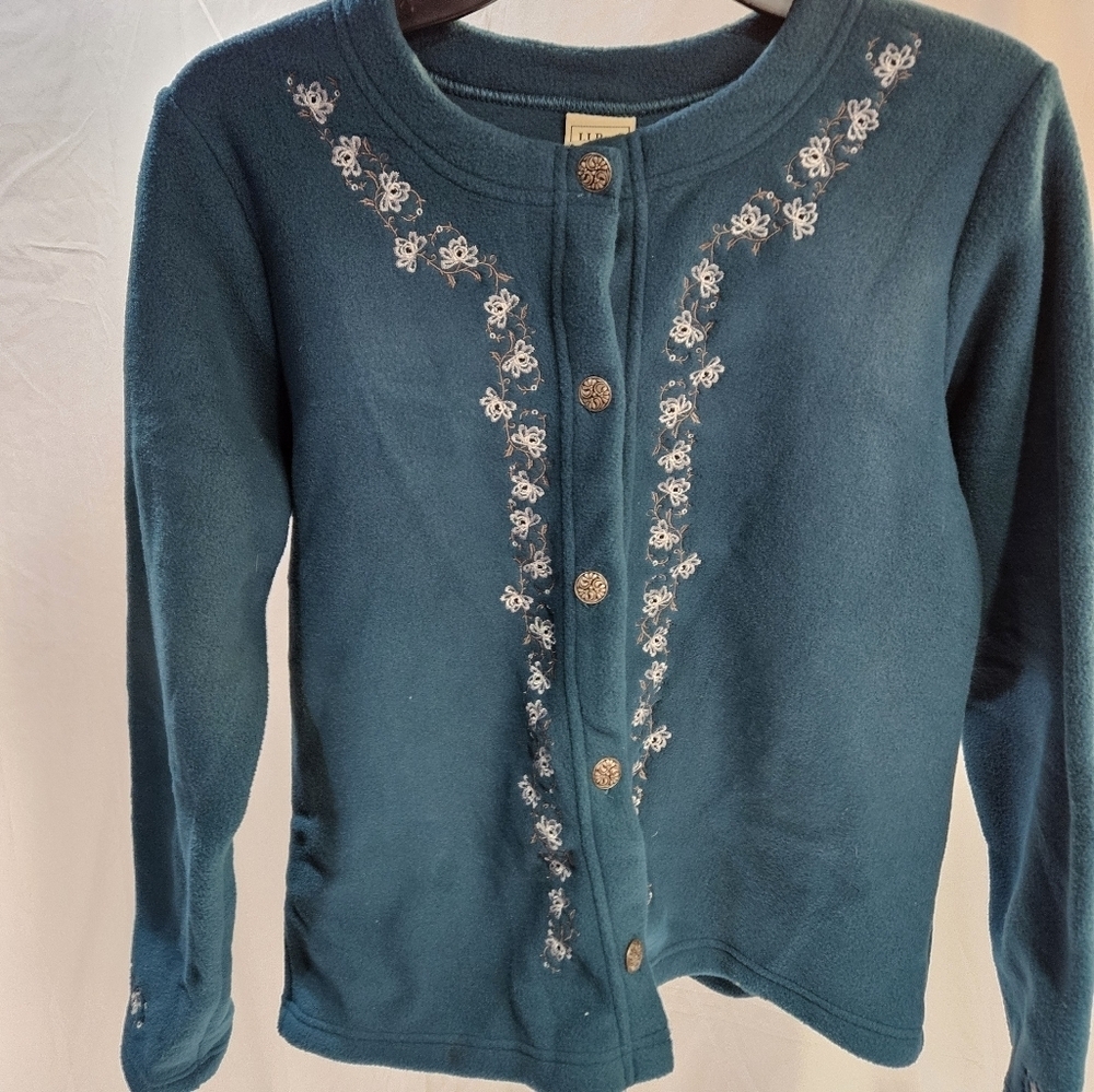Vintage LL Bean Womens Fleece Cardigan Small Floral Embroidered Sweater Polartec